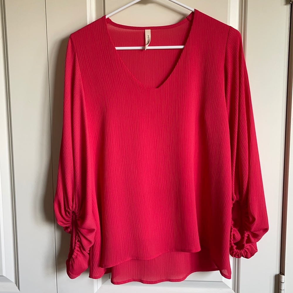 Bright coral/pink top with cinched bell sleeves *open to all offers*